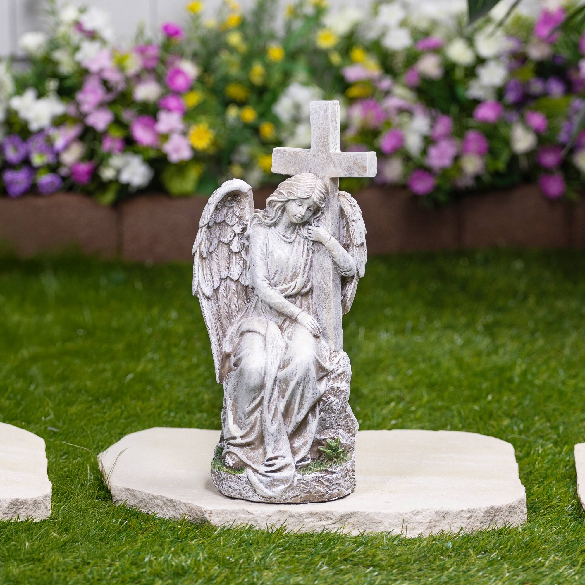 Angel With Cross Memorial Statue - 13"